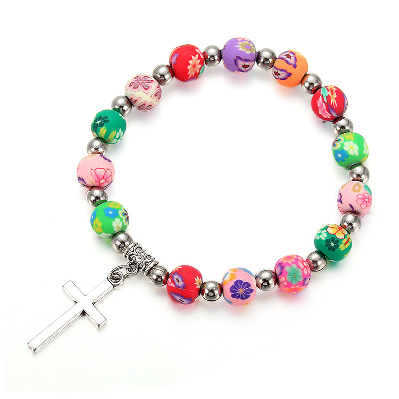 Clay Cross Necklace Colorful Prayer Beads