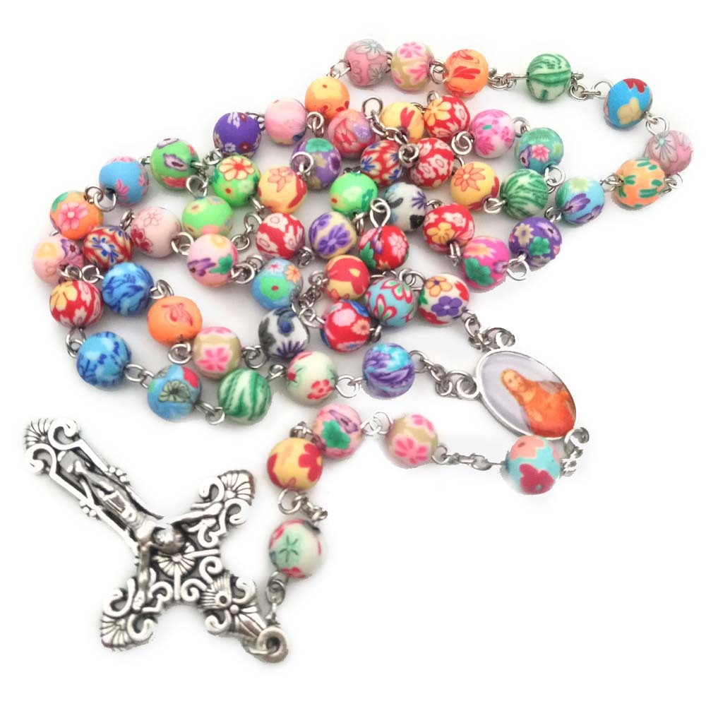 Catholic Rosary Necklace Colorful Soft Pottery Beads Cross Necklace Rosary Bracelet Religious Jewelry