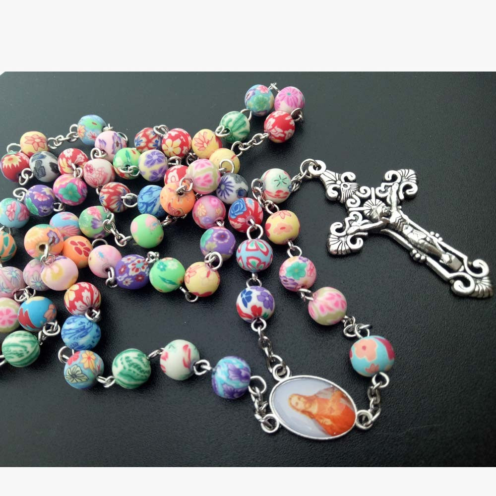 Catholic Rosary Necklace Colorful Soft Pottery Beads Cross Necklace Rosary Bracelet Religious Jewelry