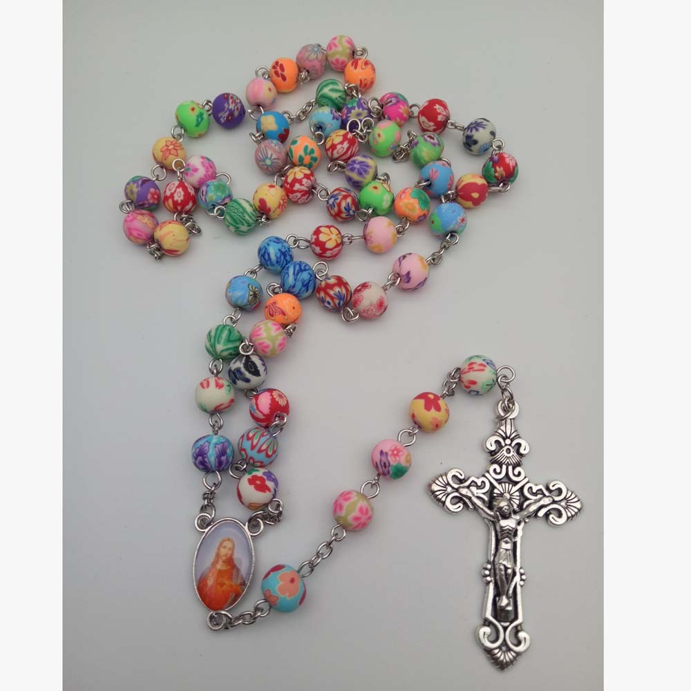 Catholic Rosary Necklace Colorful Soft Pottery Beads Cross Necklace Rosary Bracelet Religious Jewelry