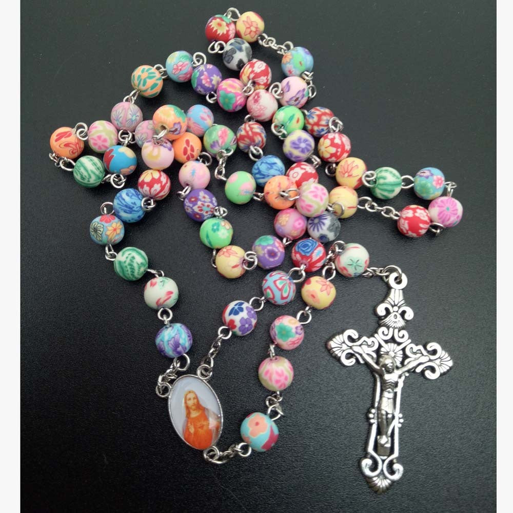 Catholic Rosary Necklace Colorful Soft Pottery Beads Cross Necklace Rosary Bracelet Religious Jewelry