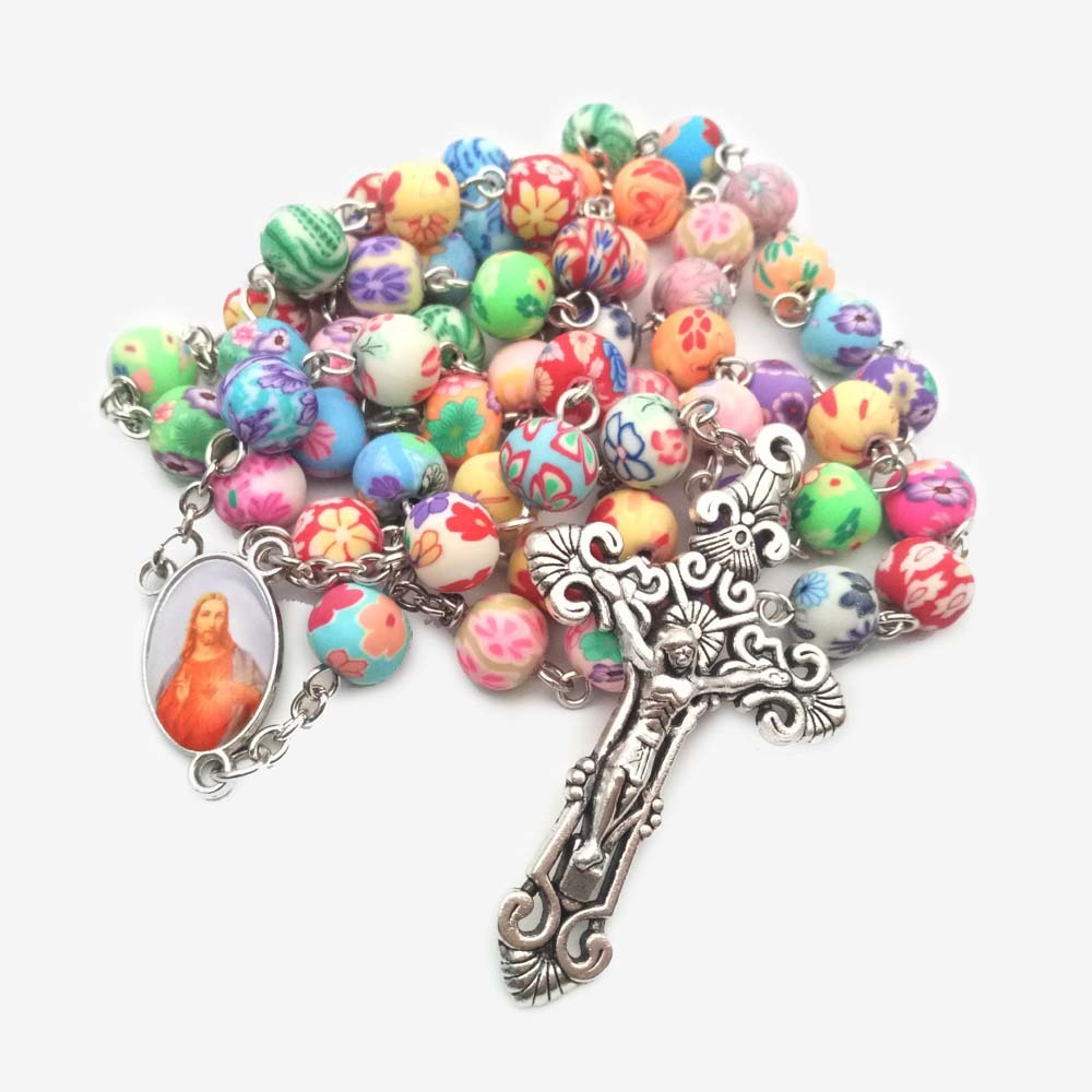 Catholic Rosary Necklace Colorful Soft Pottery Beads Cross Necklace Rosary Bracelet Religious Jewelry