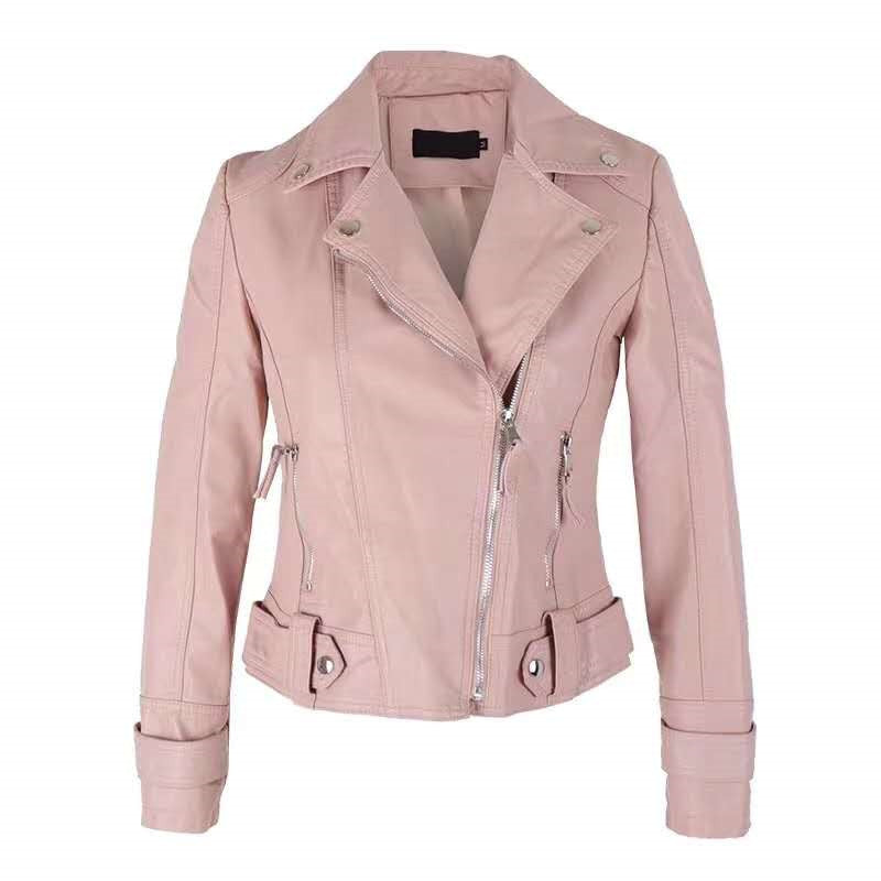 Women's Fashion Solid Color Motorcycle Leather Jacket