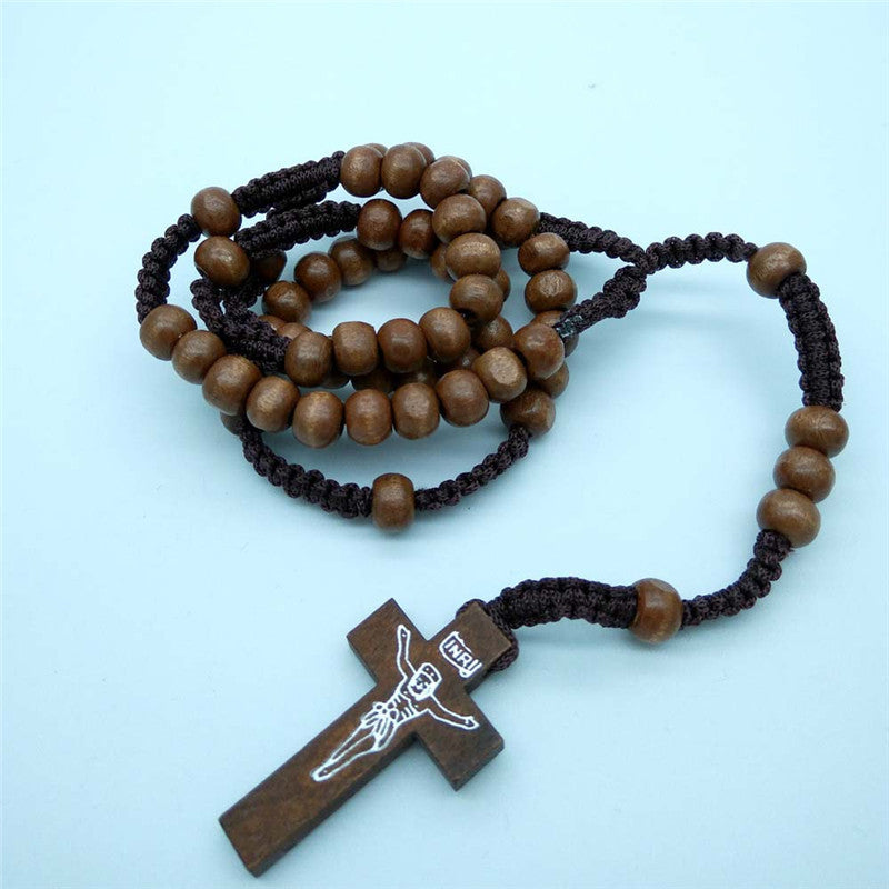 Wooden beads necklace religious cross