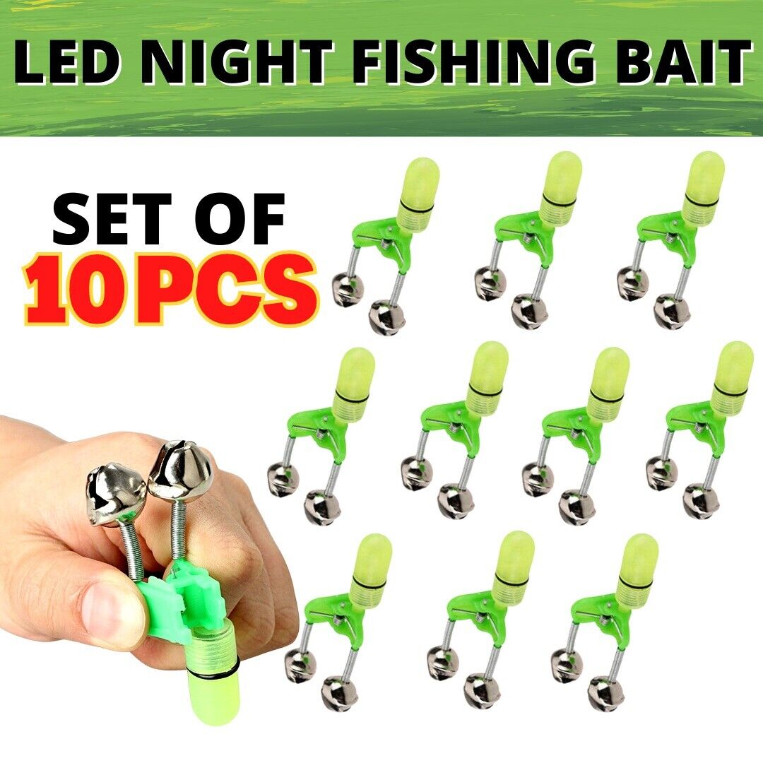 10x LED noche pesca cebo mordedura alarma doble 2 campanas luz varilla punta Clip alerta anillo