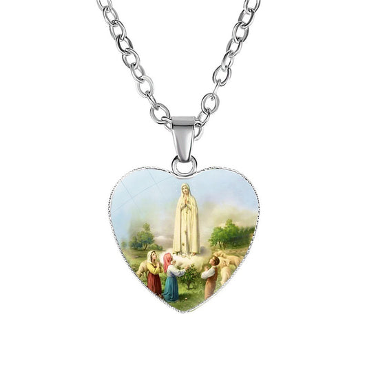 Catholic Virgin Head Portrait Heart-shaped Religious  Time Gemstone Necklace