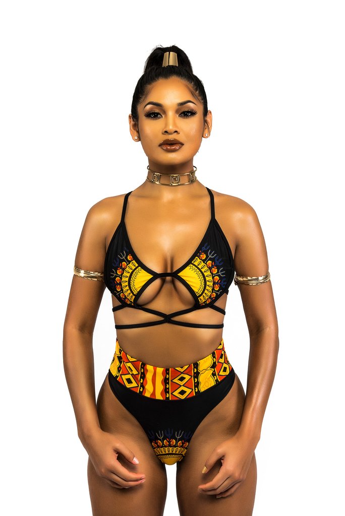 Trajes de baño de dos piezas con estampado africano, conjunto de Bikini, traje de baño geométrico Sexy, traje de baño dorado de cintura alta