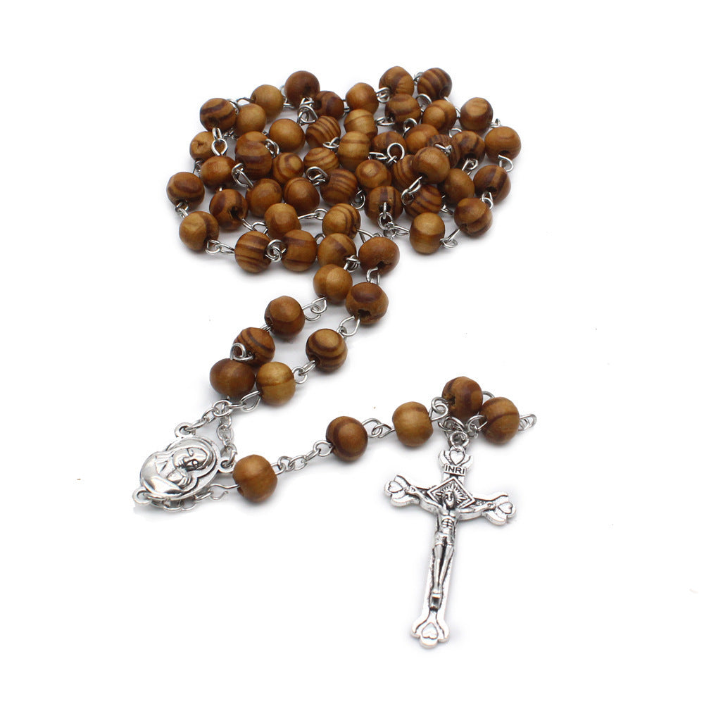 Catholic Wooden Beads Rosary Necklace Virgin Mary Cross Long Religious Necklace