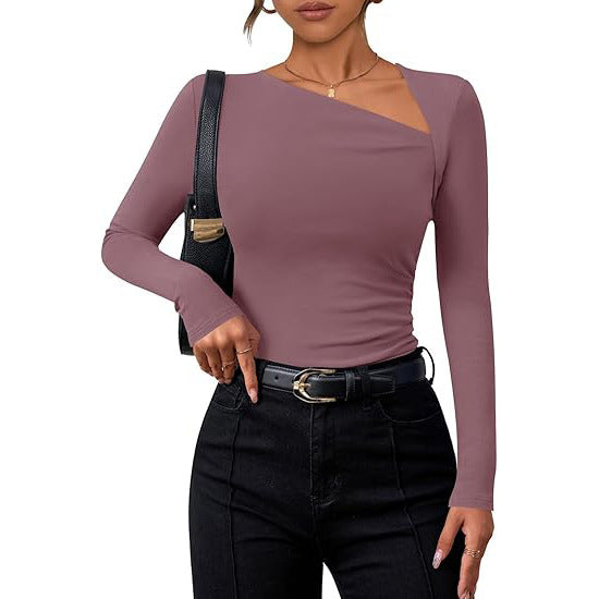 Women's Long-sleeved Diagonal Collar T-shirt