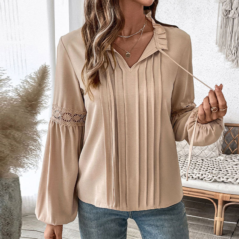 Top Drawstring V-neck Pleated Shirt