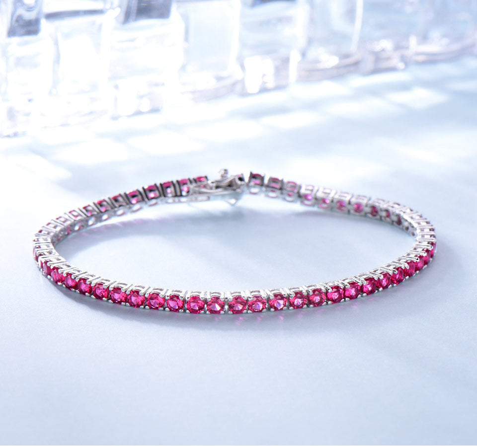 S925 Sterling Silver Tennis Chain Full Diamond Ruby Bracelet