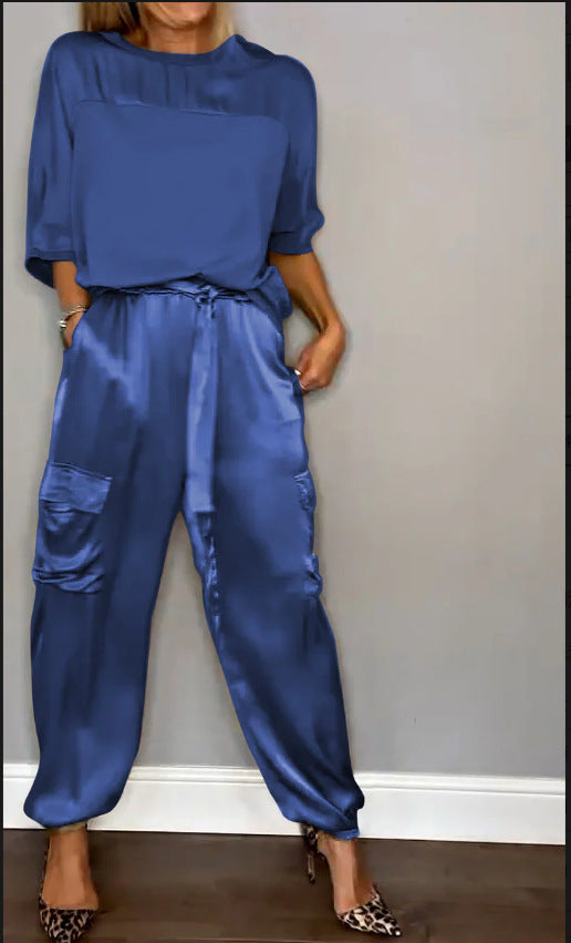 Smooth Satin Women's Short-sleeved Casual Pants Two-piece Set