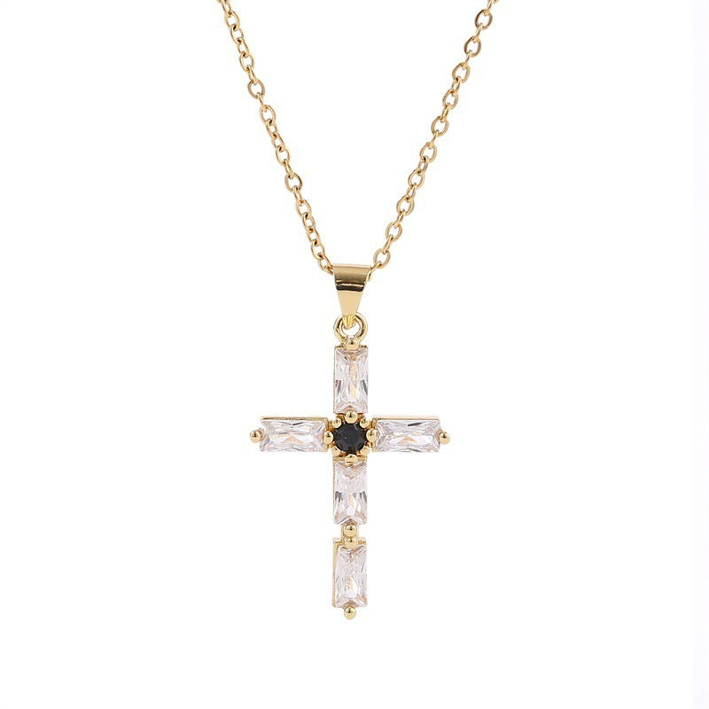 Retro Religious Copper Inlaid Zirconium Real Gold Plating Cross Necklace