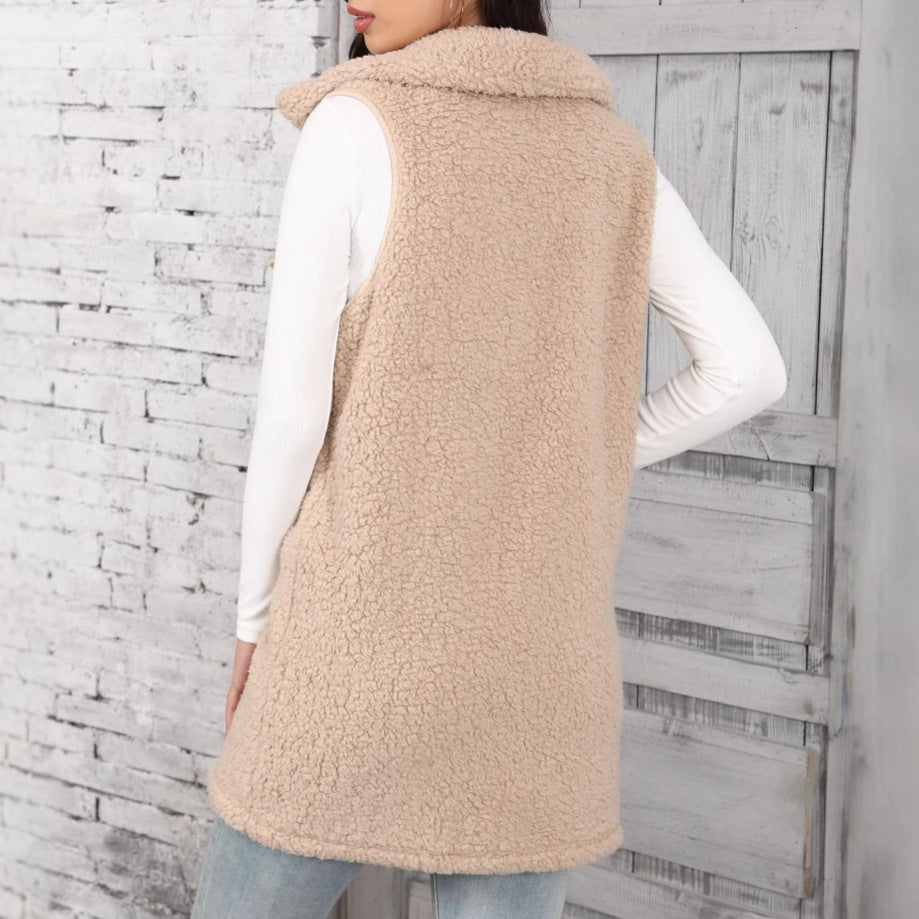 Autumn And Winter New Polo Collar Sleeveless Loose Cardigan Vest