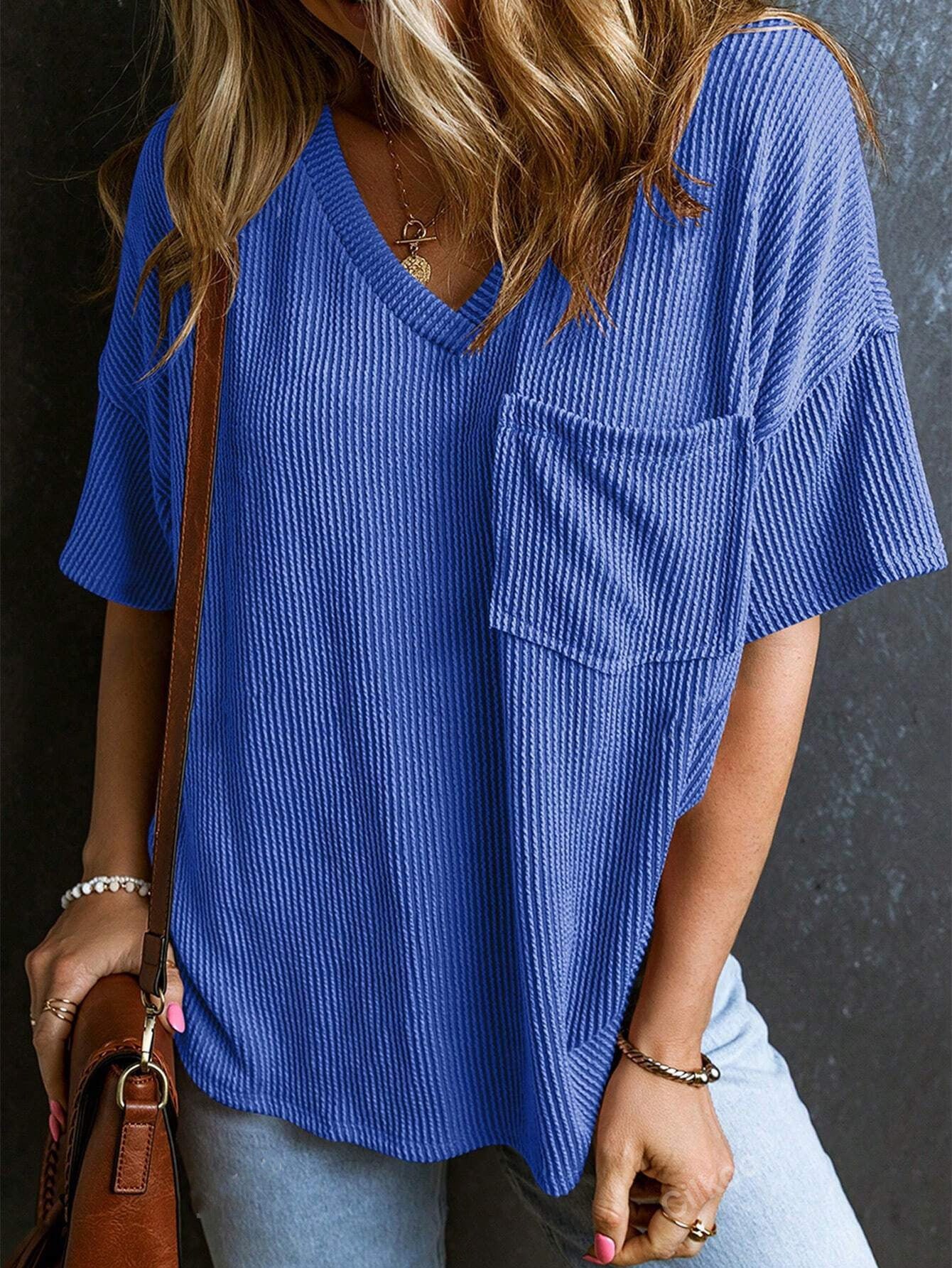 Two-tone Pocket Short Sleeve V-neck Top