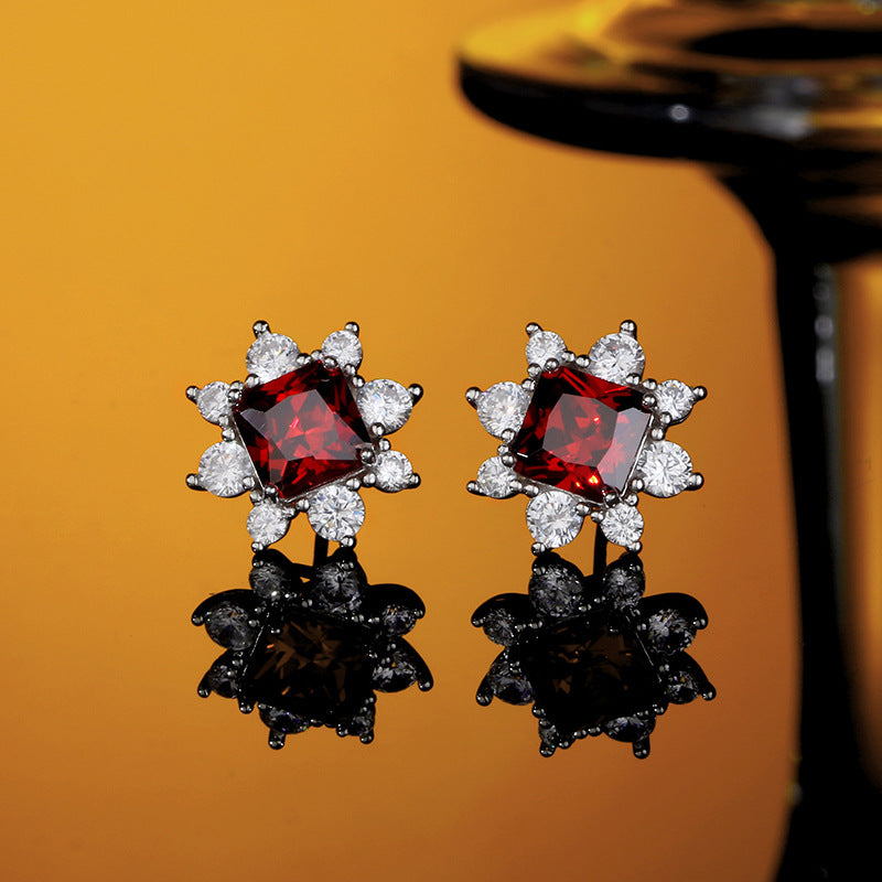 Sterling Silver Snowflake Ear Studs Inlaid Synthetic Ruby