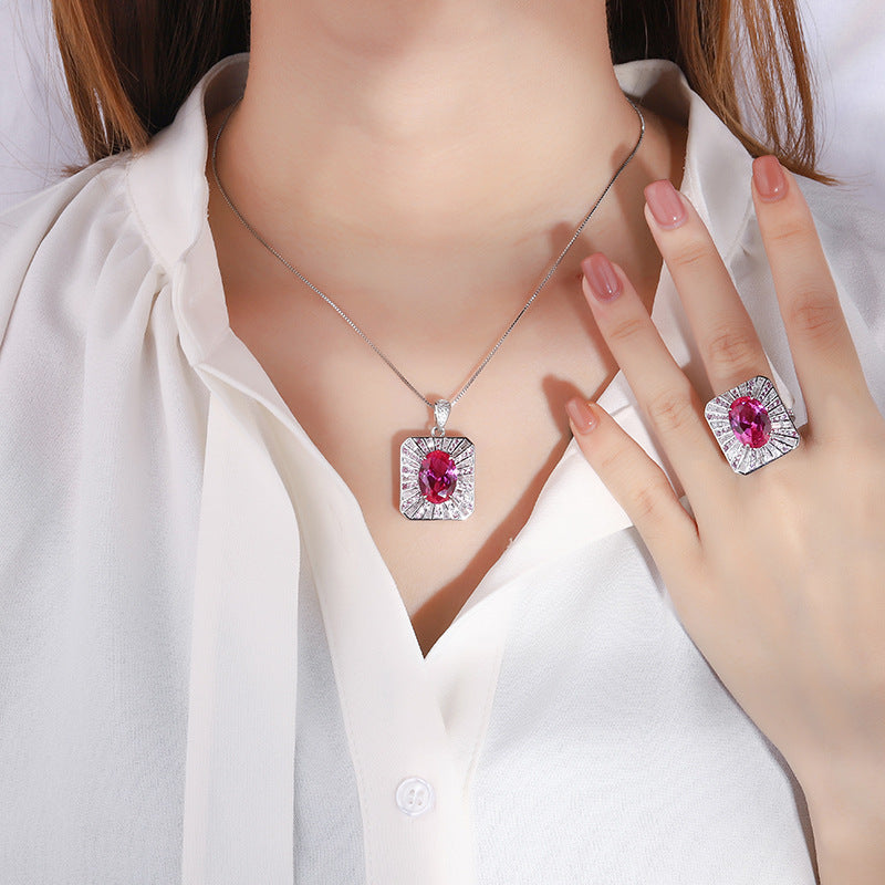 Retro Style Color Treasure Simulation Ruby Big Square Pendant Ring