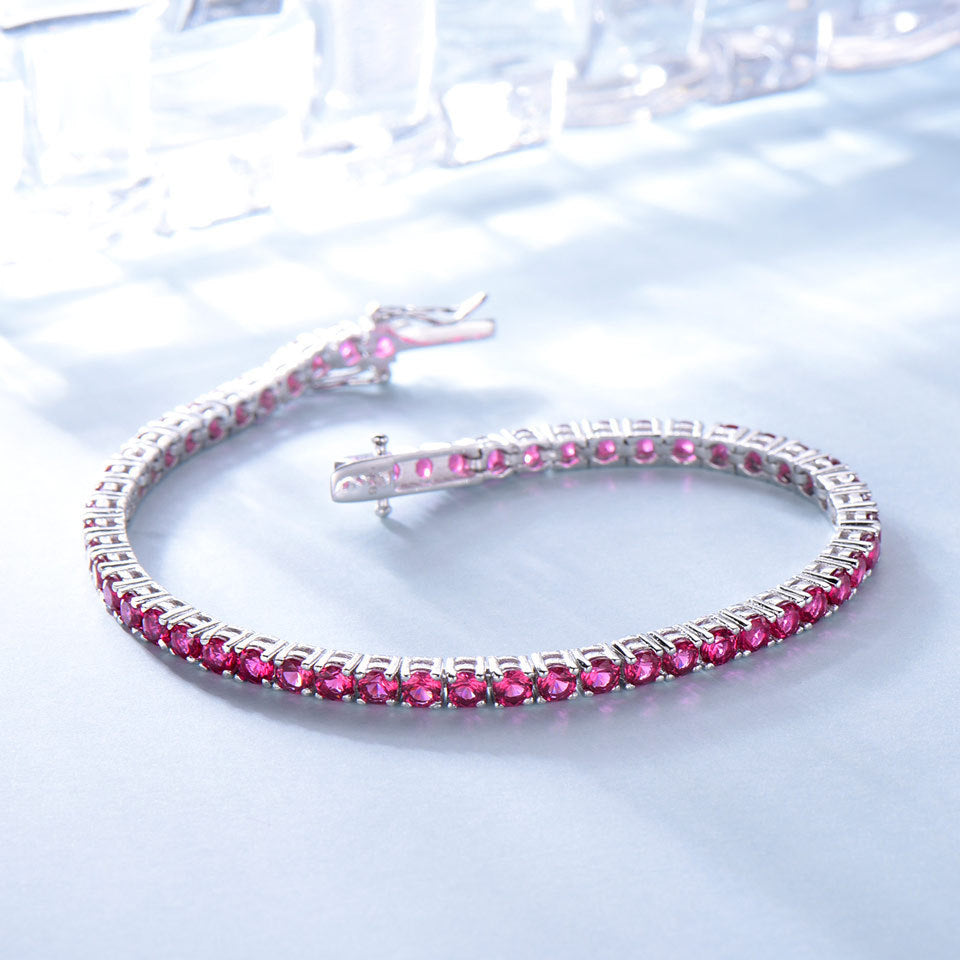 S925 Sterling Silver Tennis Chain Full Diamond Ruby Bracelet