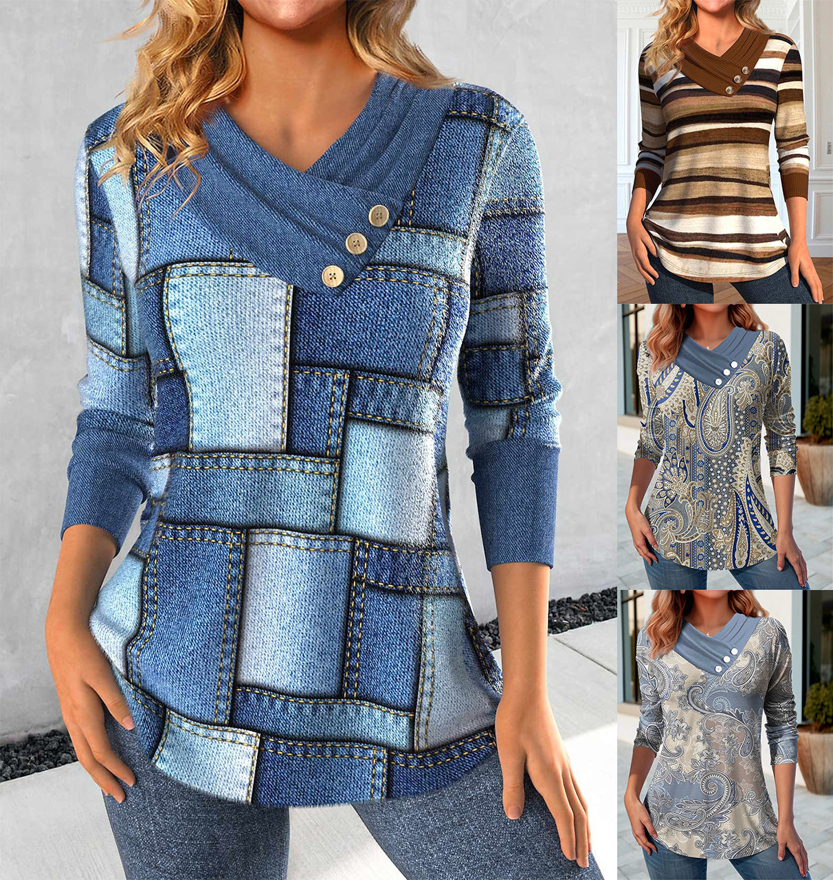 Female V-neck Casual Printed Pullover