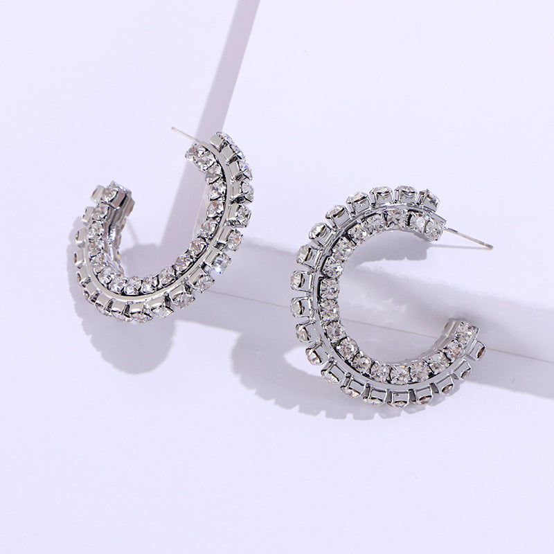 Korean Style Dongdaemun C- Shaped Semicircle Full Diamond Frosty Style Earrings