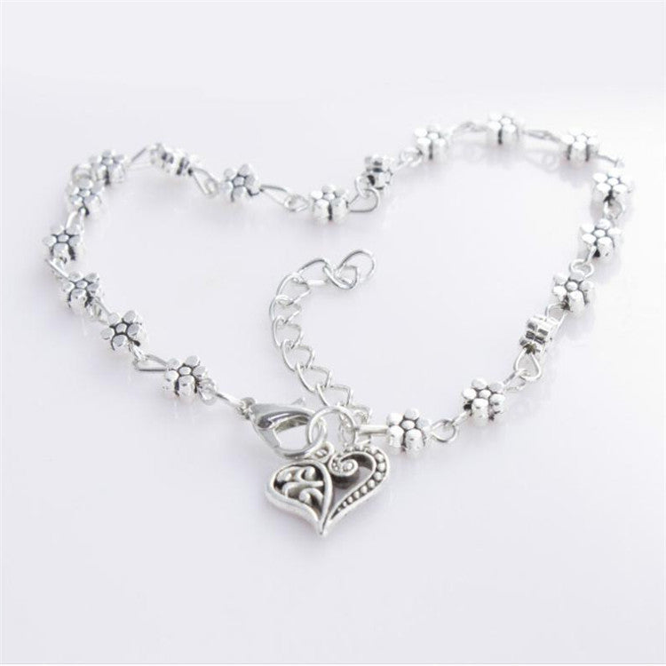 Tibetan Silver Hollow Plum Blossom Foot Ornaments Heart-shaped Anklet