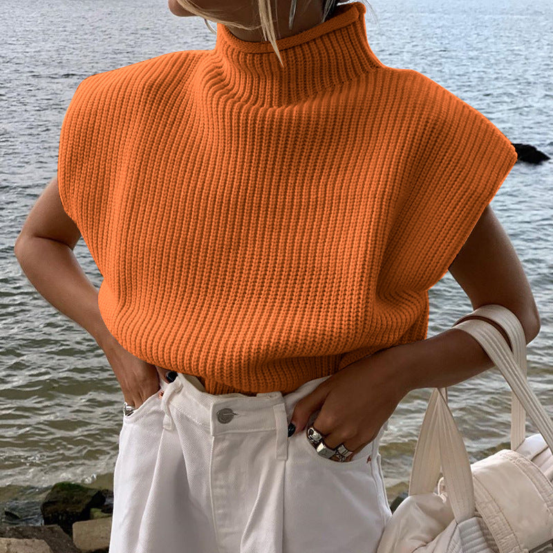 Women's Solid Color Turtleneck Sweater With Short Sleeves Top