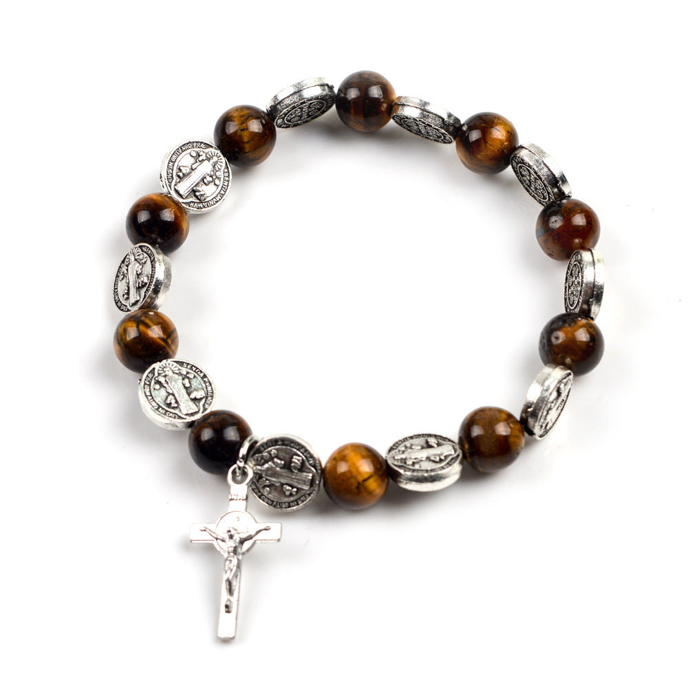 Religious Zinc Alloy Jesus Cross Benedict Tiger Eye Rosary Bracelet