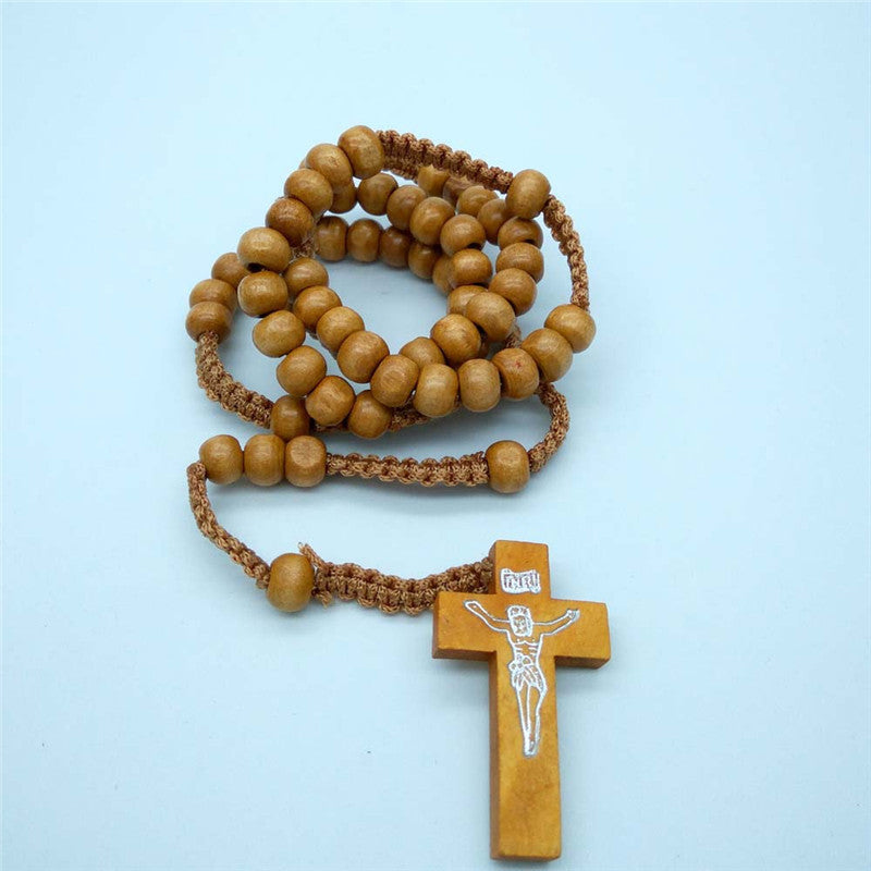 Wooden beads necklace religious cross