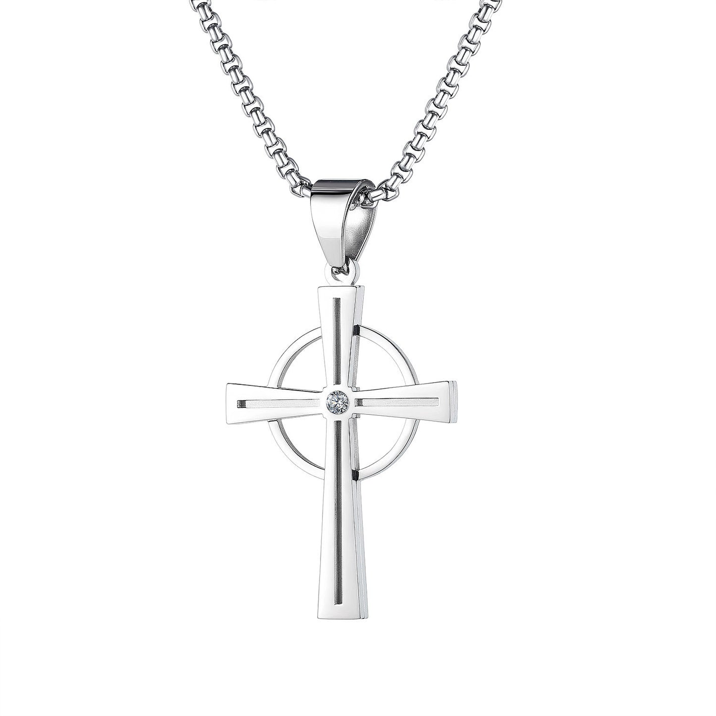 Street Hip Hop Retro Religious Circle Cross Pendant Christian Stainless Steel Necklace