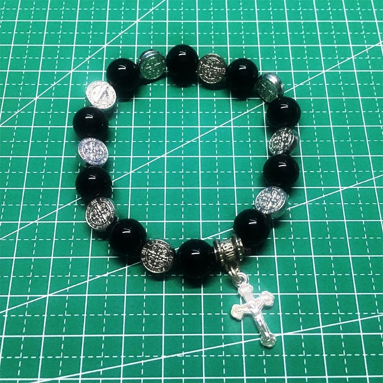 Religious Zinc Alloy Jesus Cross Benedict Tiger Eye Rosary Bracelet