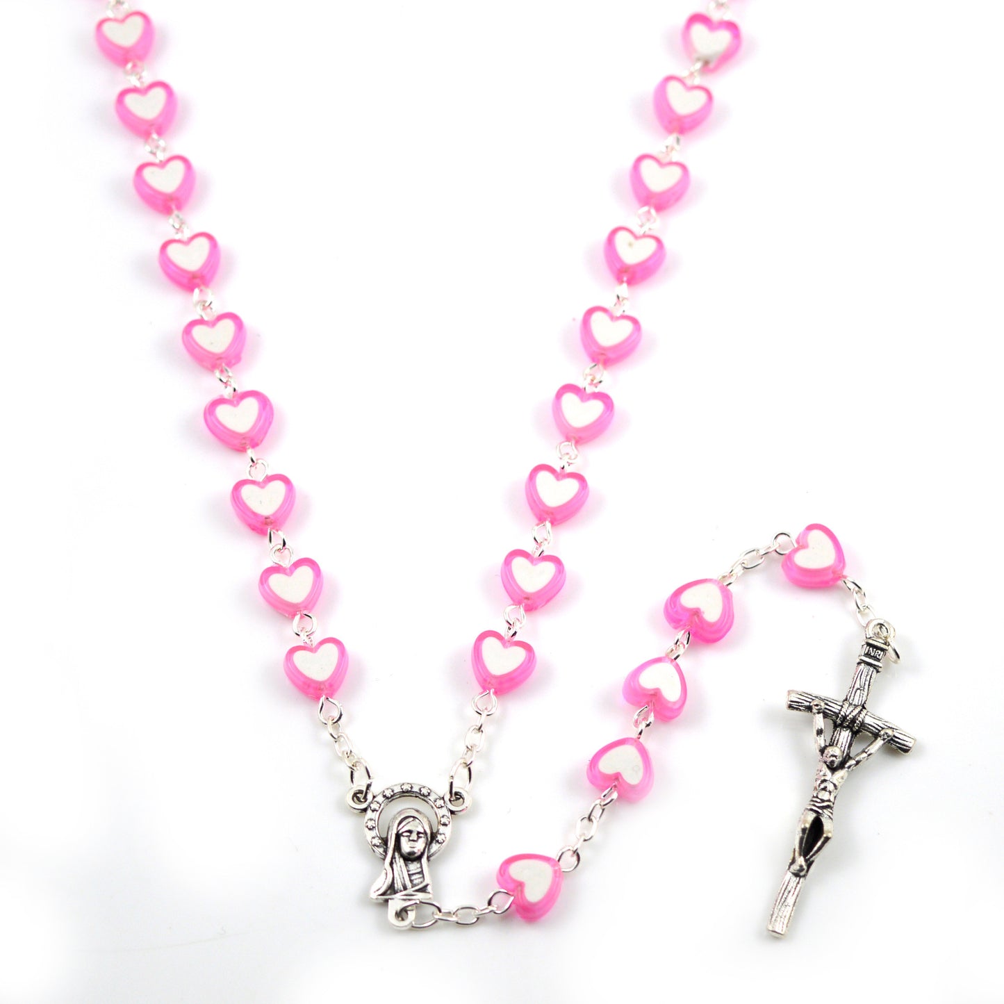 Multicolor Heart Shaped Acrylic Rosary Jesus Virgin Mary Pendant Religious Cross Necklace Jewelry