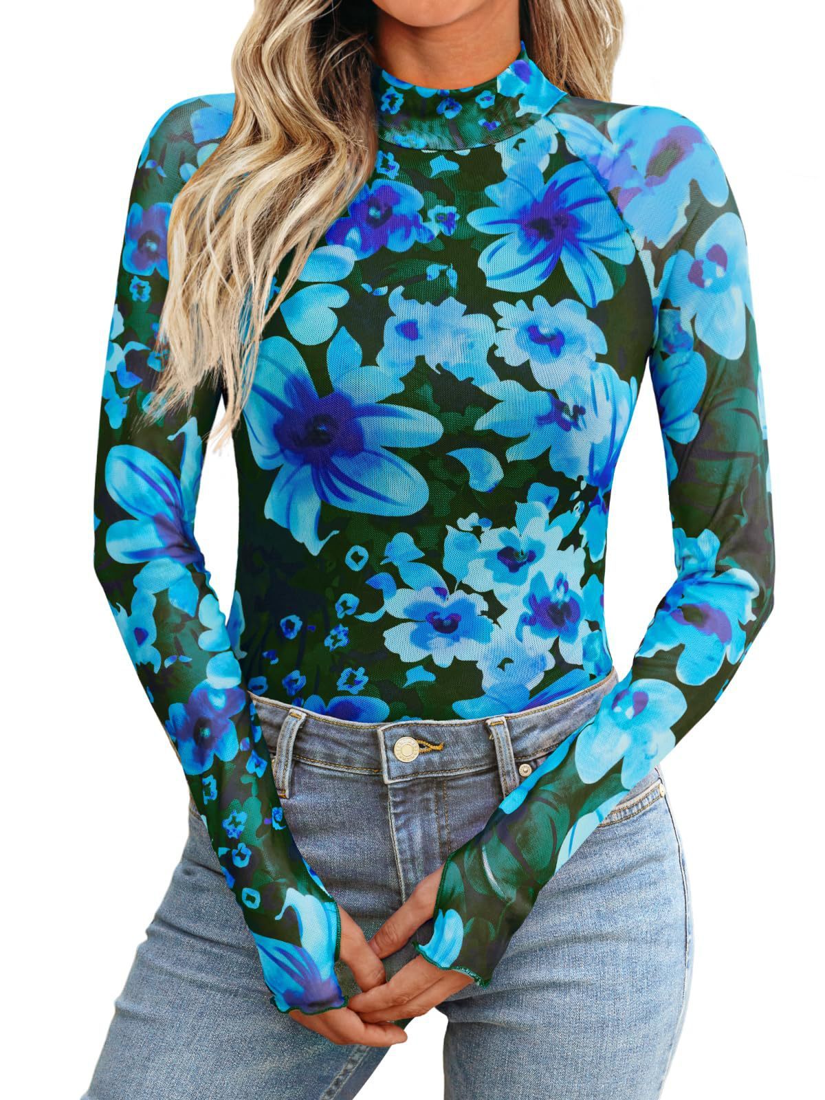 Floral Mesh Round Neck Long Sleeve Mesh With Thumb Hole Fashion Autumn Undershirt