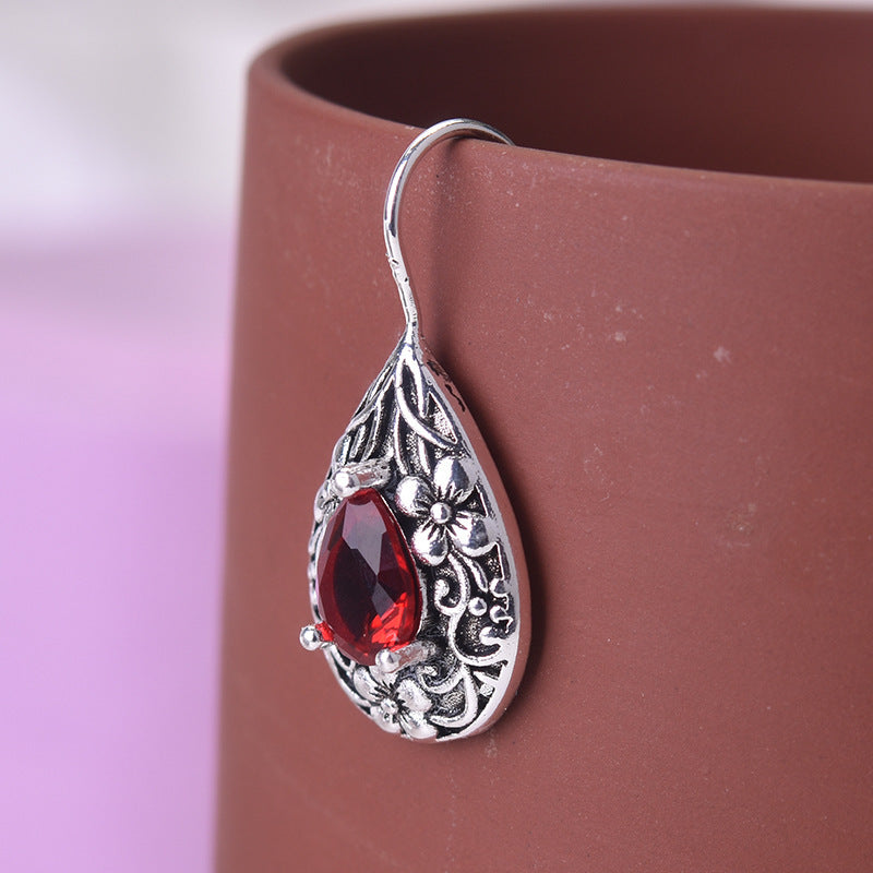 Water Drop Pear Shaped Vintage Earrings Silver Carved Ruby