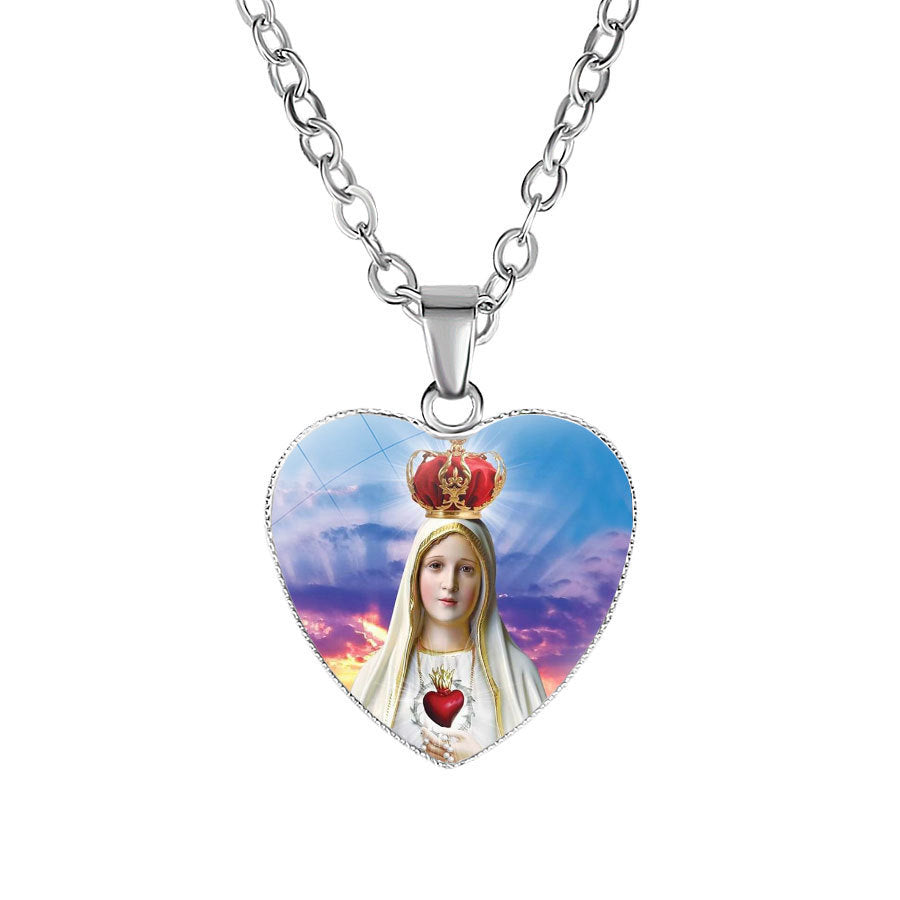 Catholic Virgin Head Portrait Heart-shaped Religious  Time Gemstone Necklace