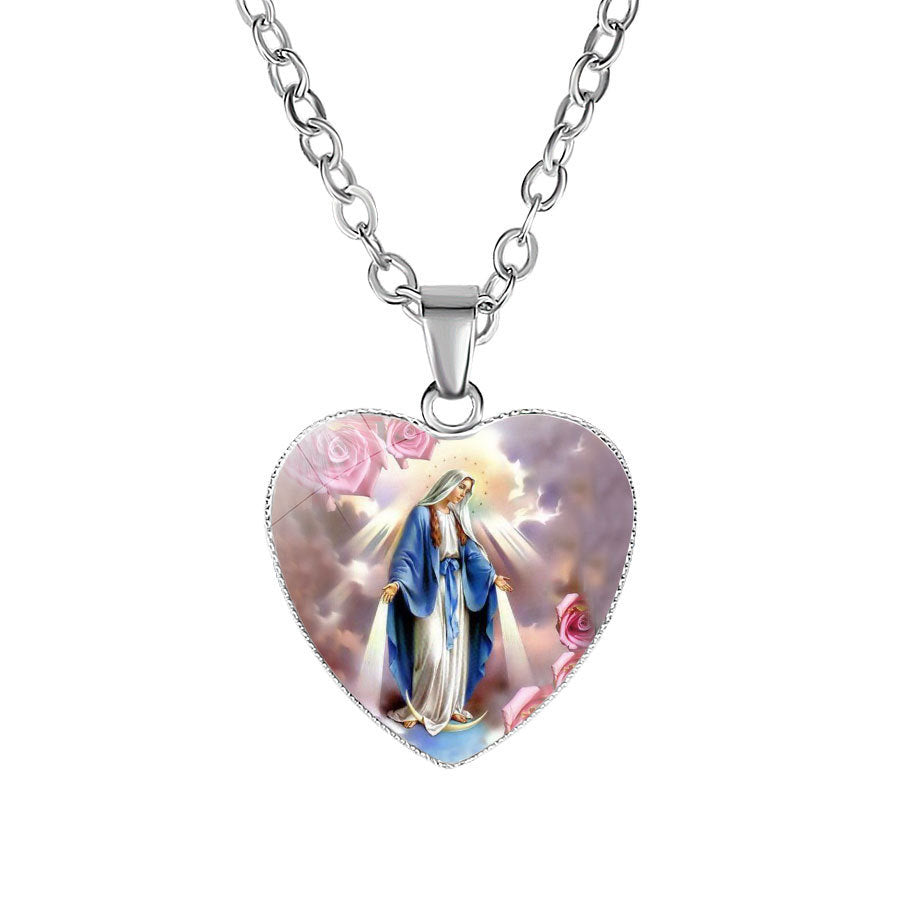 Catholic Virgin Head Portrait Heart-shaped Religious  Time Gemstone Necklace