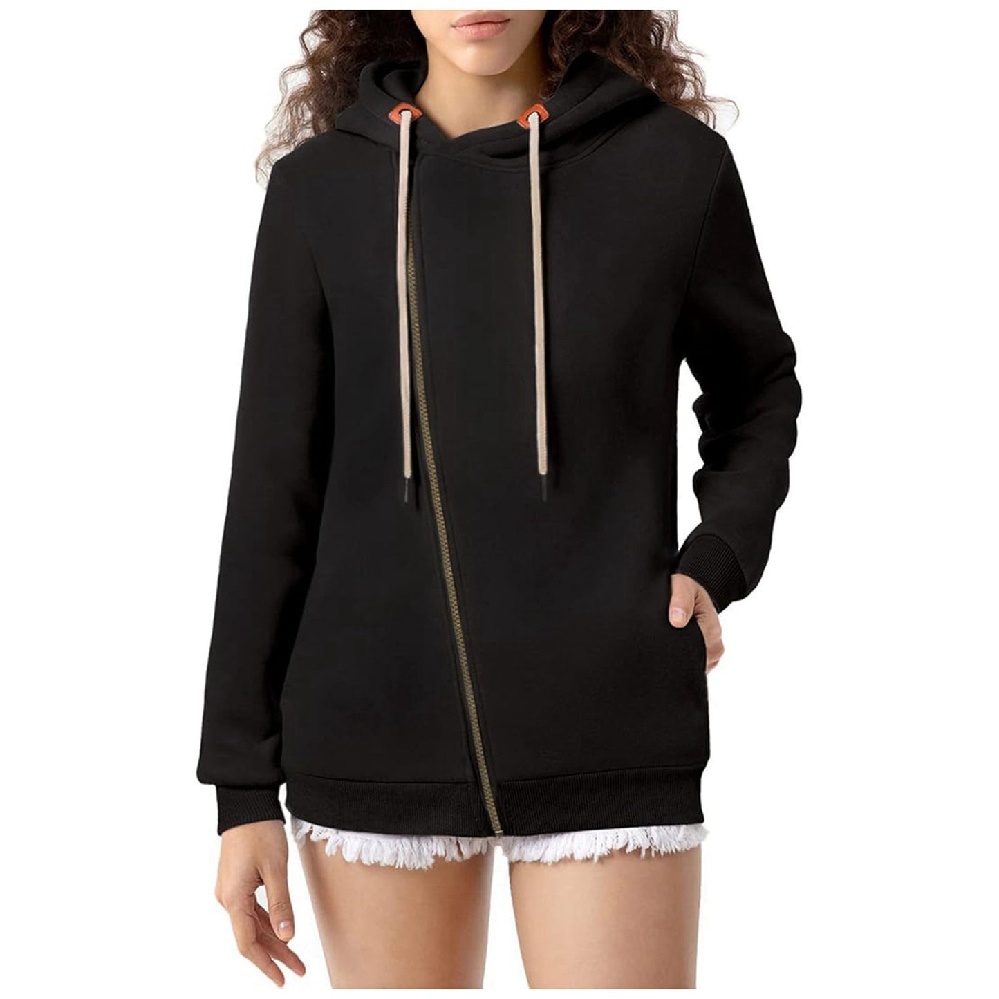 Women's Pocket Hooded Sweater Solid Color Zipper Hooded Sweatshirt