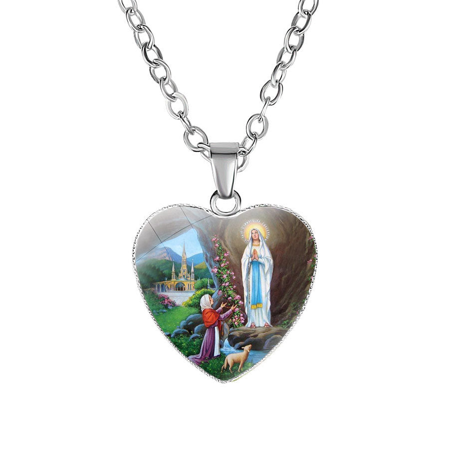 Catholic Virgin Head Portrait Heart-shaped Religious  Time Gemstone Necklace