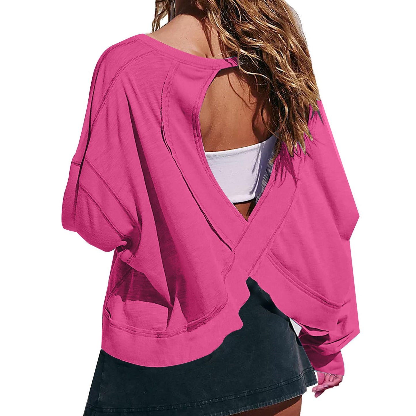 Women's Loose Long Sleeve Backless Top Hollow Out