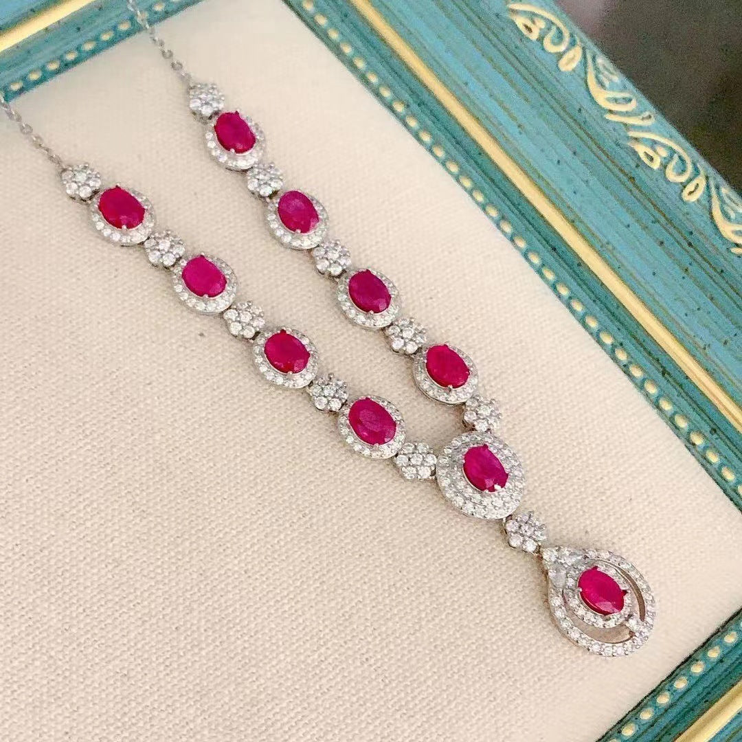 Women's 925 Silver Inlaid Natural Ruby Necklace