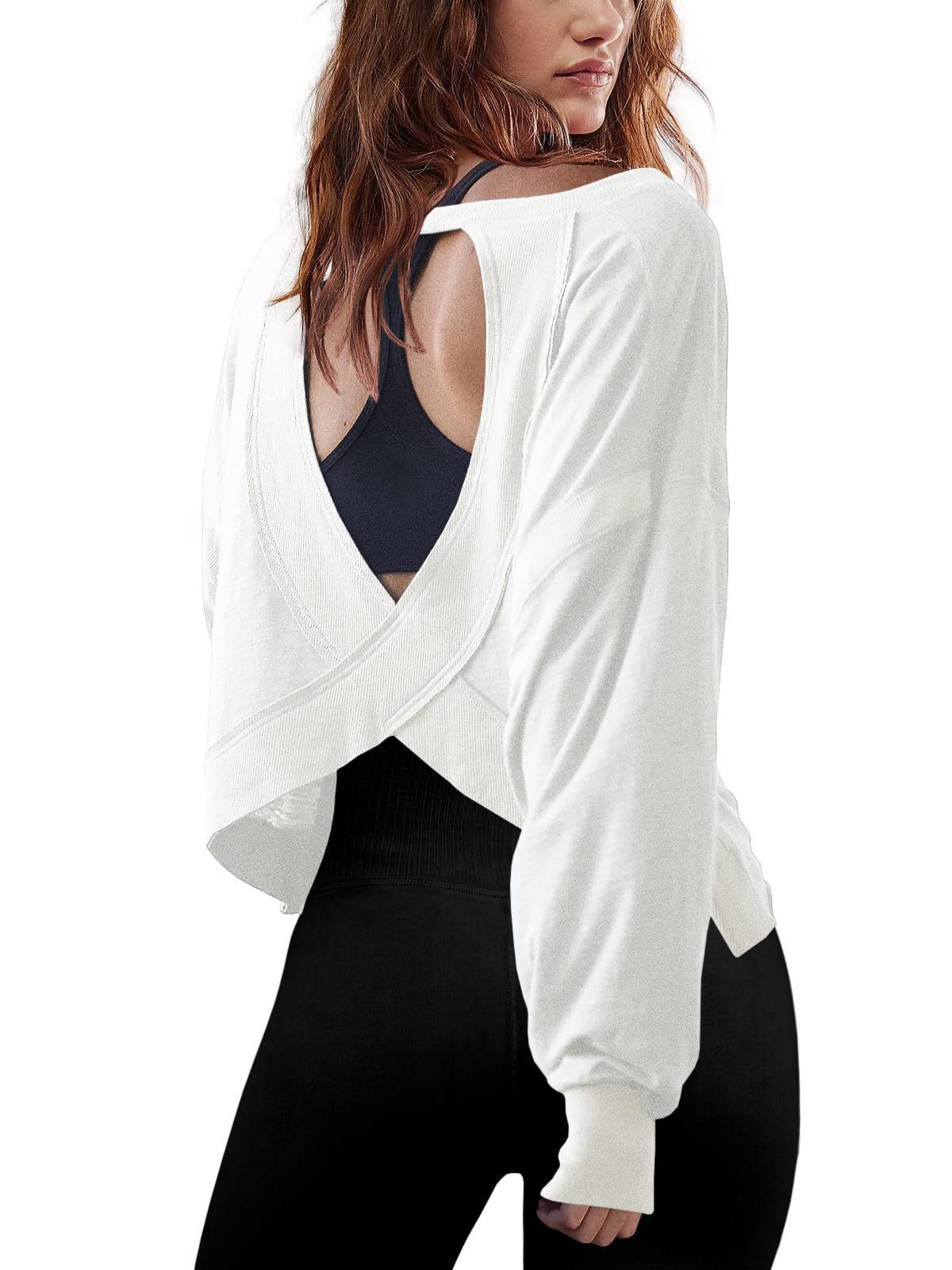 Women's Loose Long Sleeve Backless Top Hollow Out