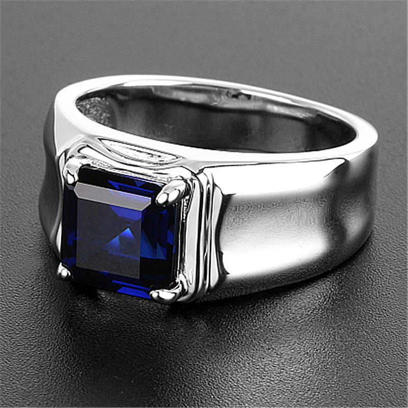 White gold plated blue green ruby male ring