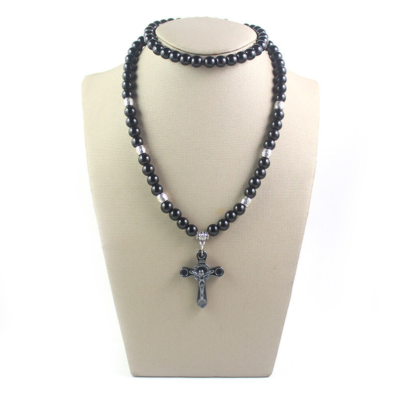 Men's Black Ball Cross Religious Necklace