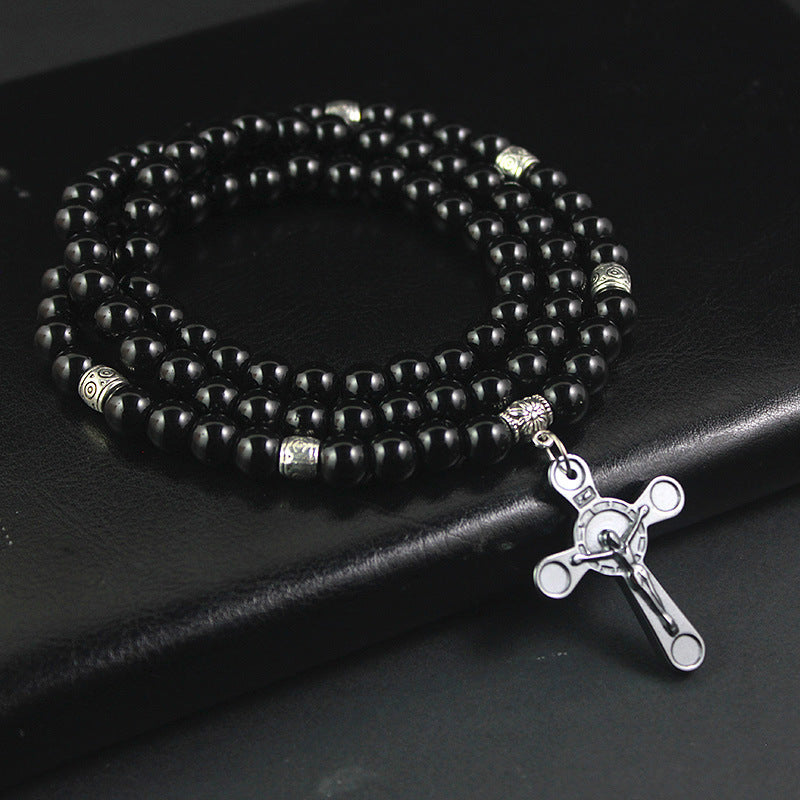 Men's Black Ball Cross Religious Necklace