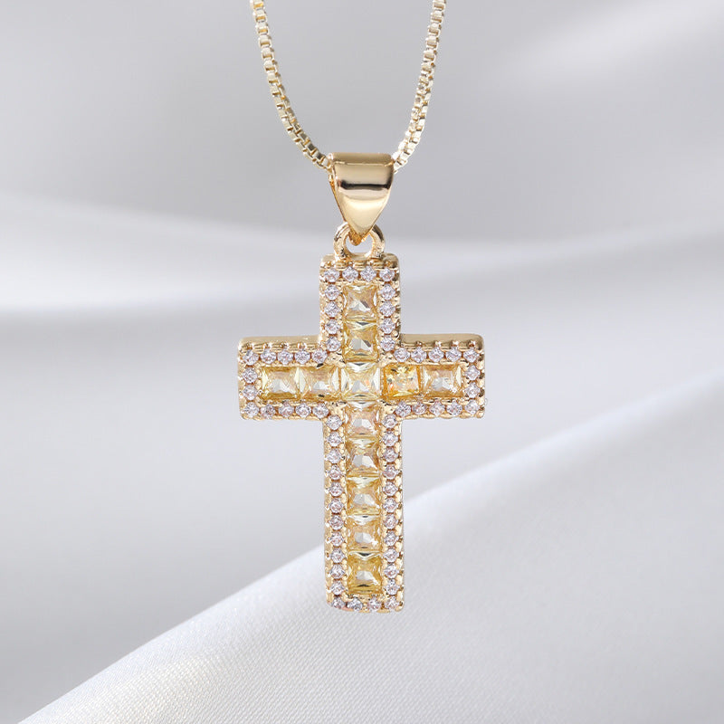 European And American Fashion Copper Micro Inlaid Zircon Cross Necklace Religious Design Hip Hop Style