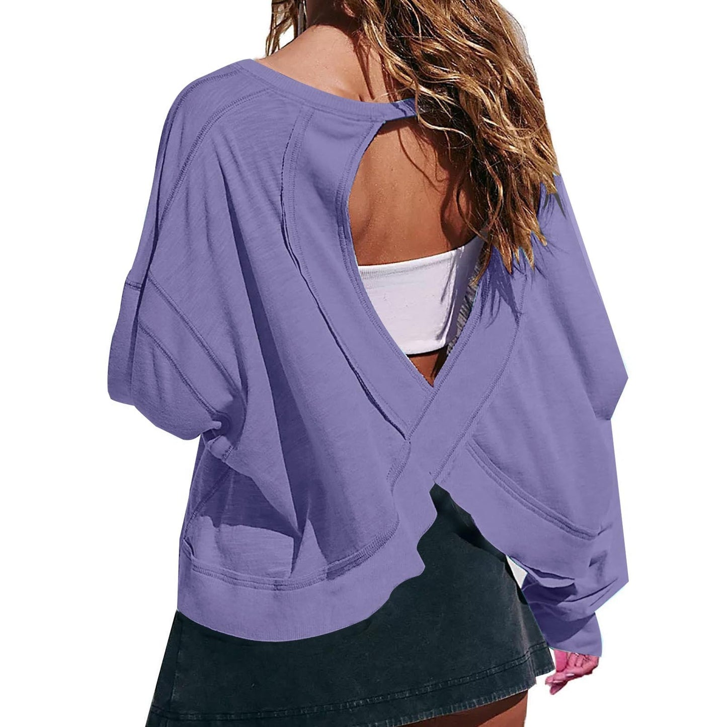 Women's Loose Long Sleeve Backless Top Hollow Out