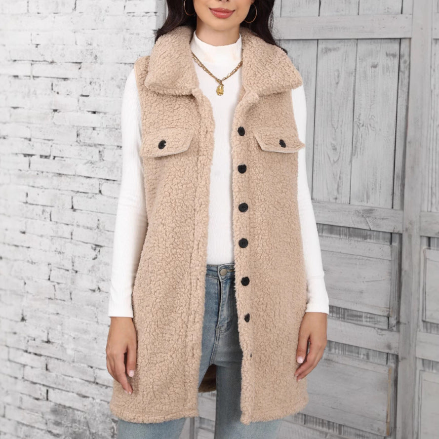 Autumn And Winter New Polo Collar Sleeveless Loose Cardigan Vest