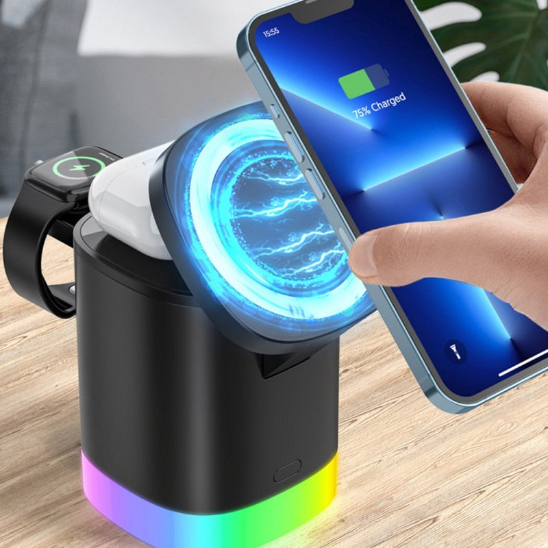 Cargador rápido inalámbrico magnético 3 en 1 para teléfono inteligente, estación de carga de luz ambiental RGB para Airpods IWatch