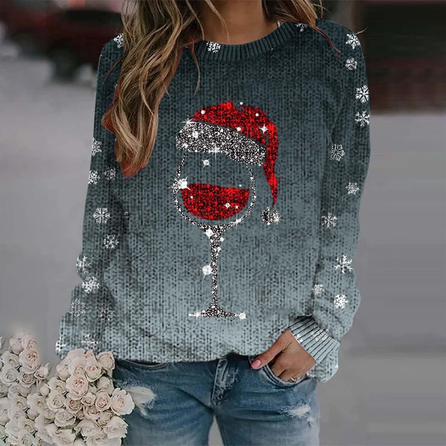 Thick Needle Digital Printing 3D Round Neck Sweater For Women