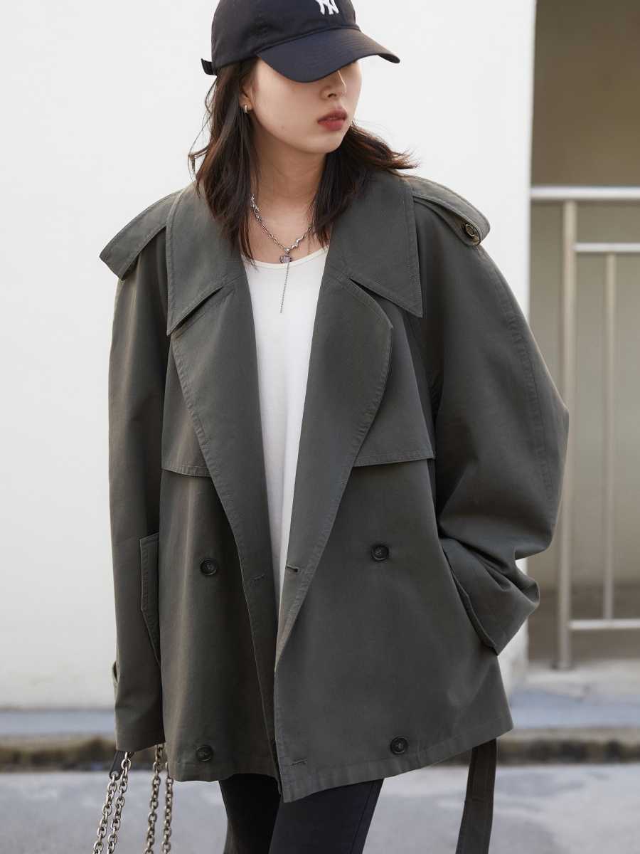 Autumn New Loose Tencel Raglan Long Sleeve Double Breasted Trench Coat