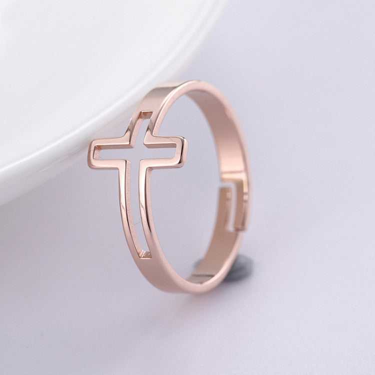 Flat Rose Gold Religious Cross Ring